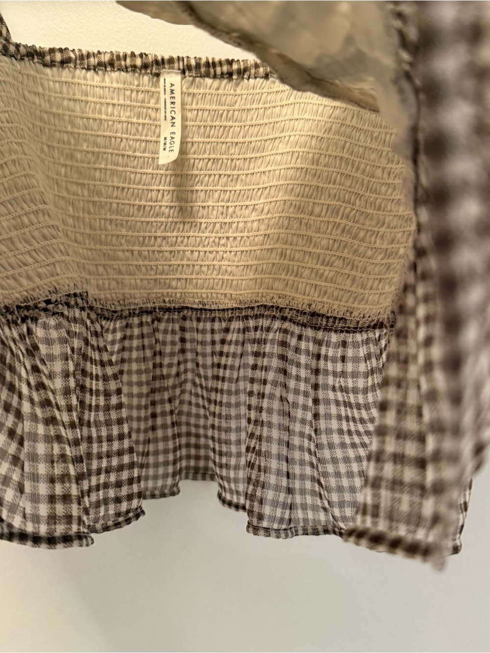 American Eagle Gingham Smocked Tie-Strap Peplum Crop Top | Brown/Cream | Size M - Picture 7 of 8